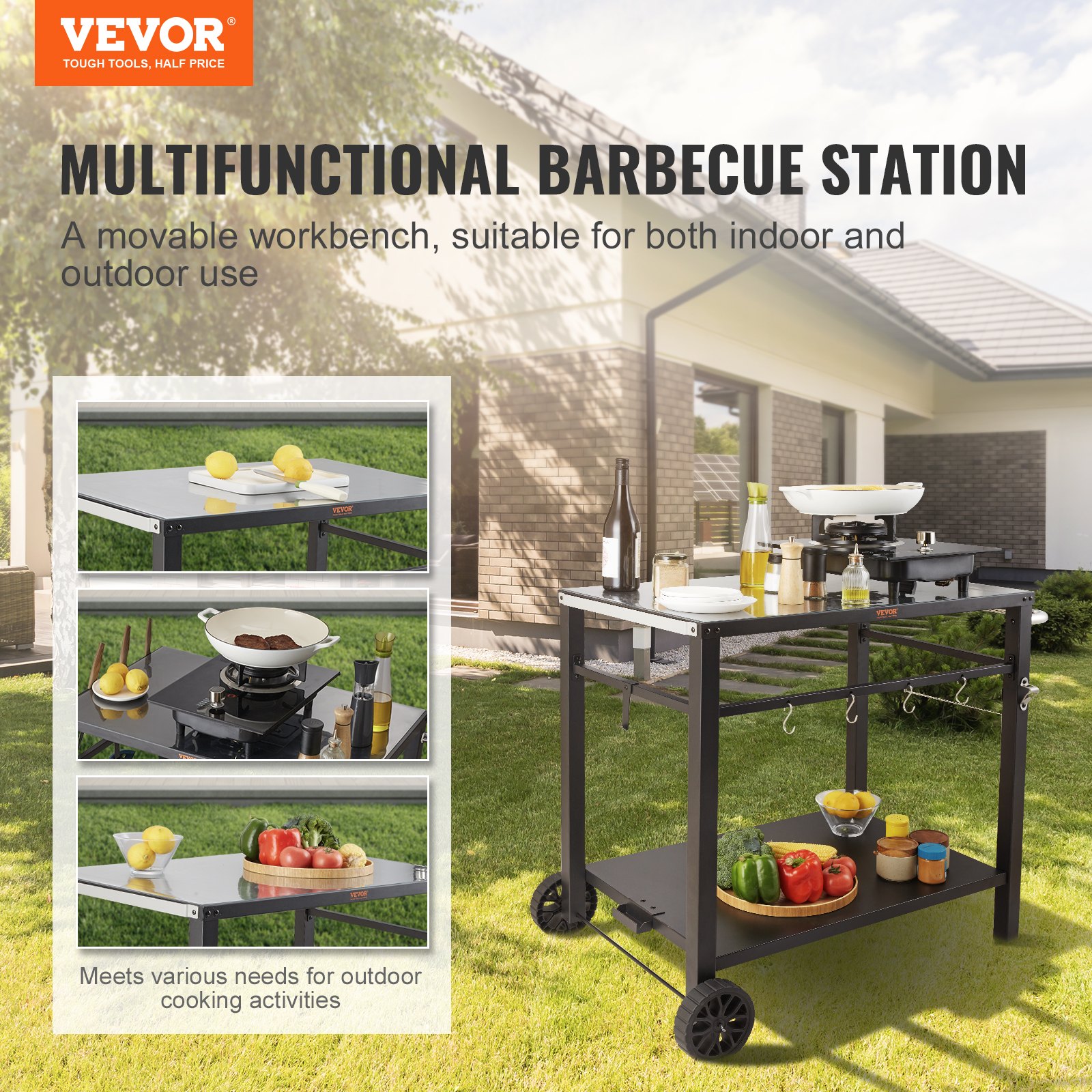 VEVOR outdoor grill cart in a backyard setting, featuring a movable workbench and various utensils.