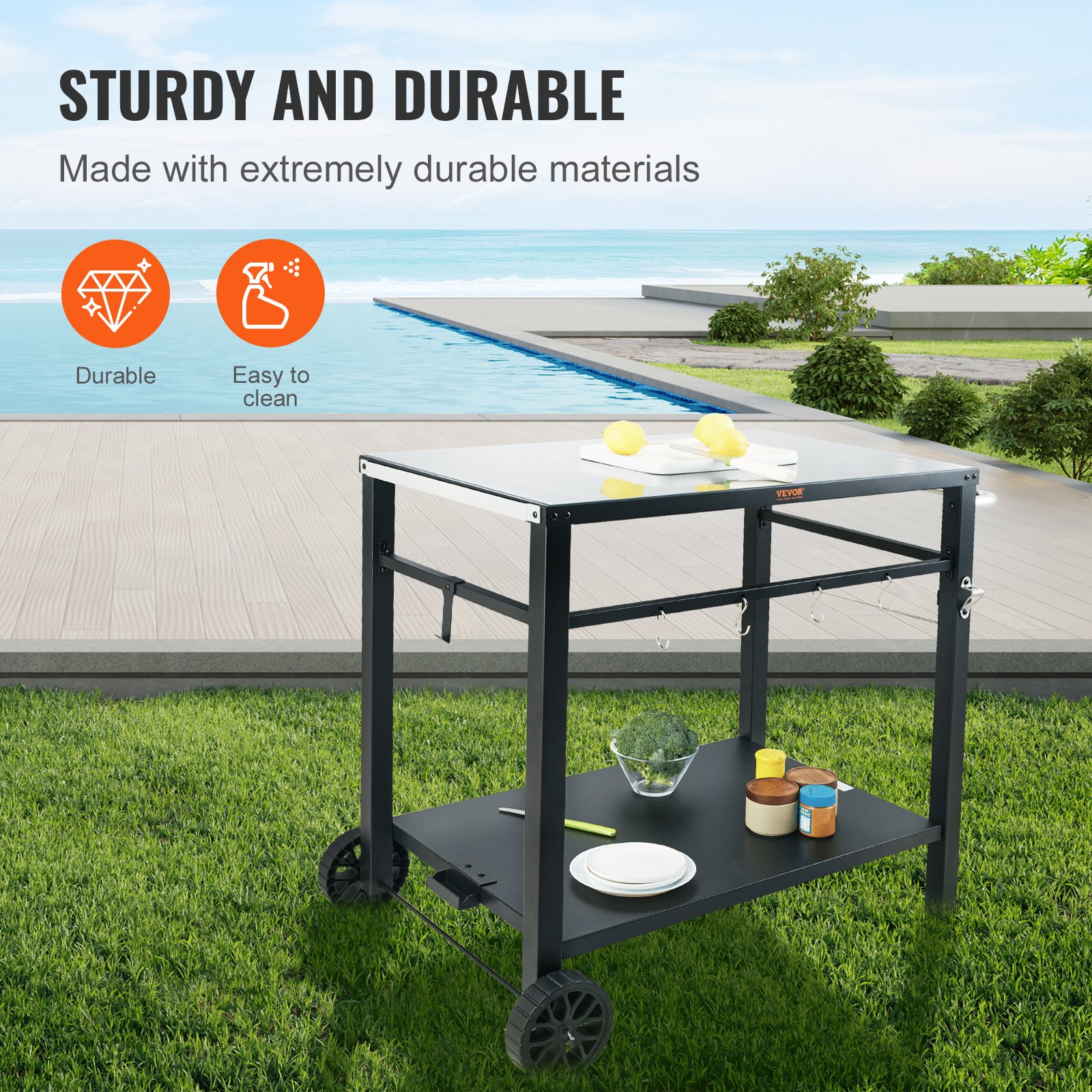 VEVOR outdoor grill cart by a pool, showcasing sturdy and durable design with storage and hooks.