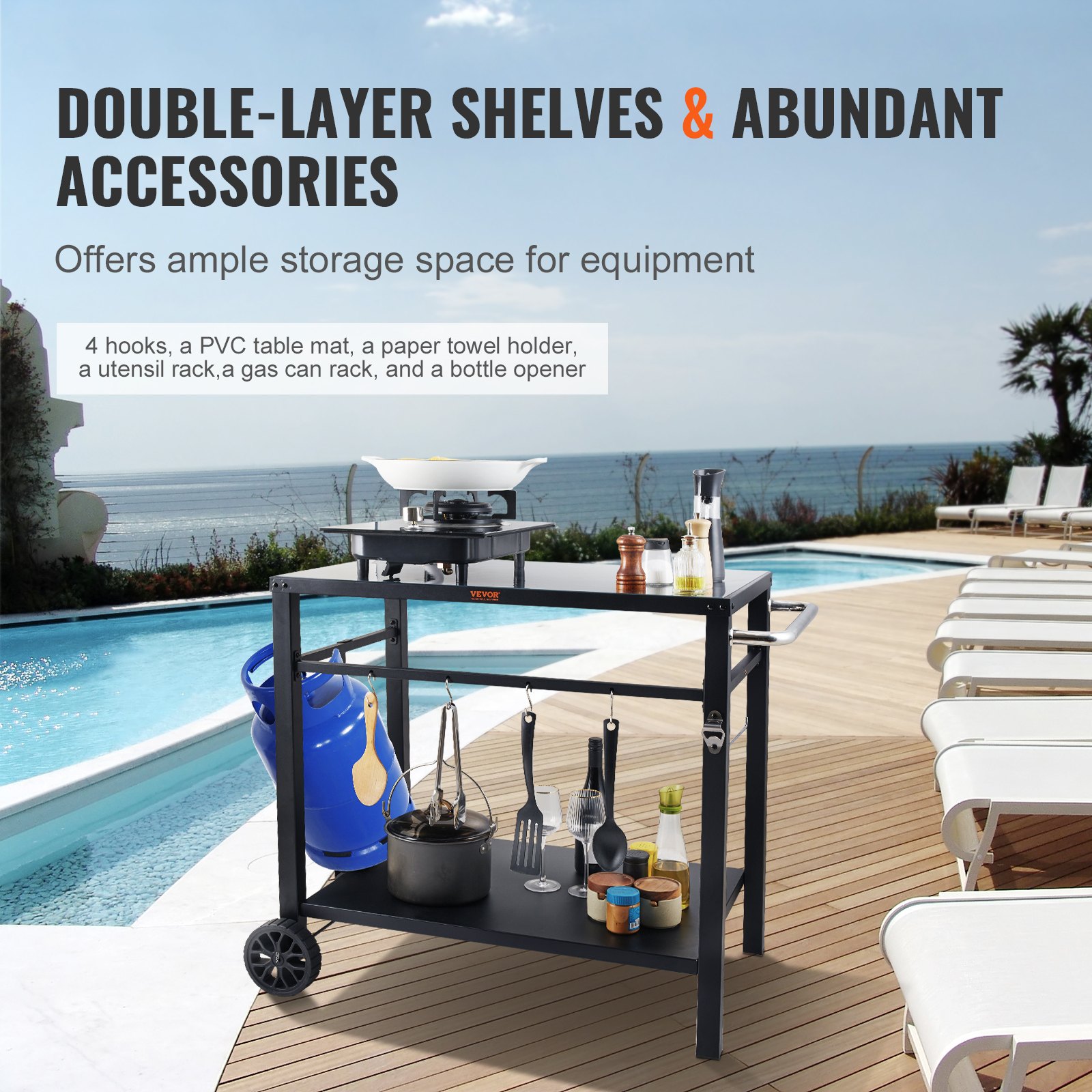 VEVOR outdoor grill cart by the pool with double-layer shelves and ample accessories for storage.