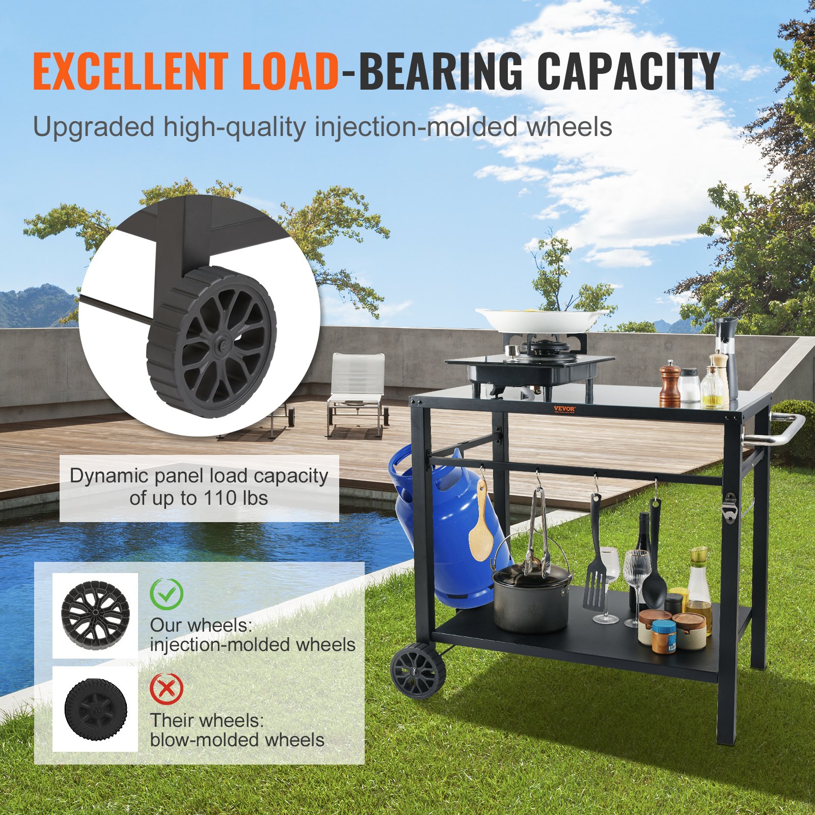 VEVOR outdoor grill cart with durable injection-molded wheels, dynamic load capacity of up to 110 lbs.