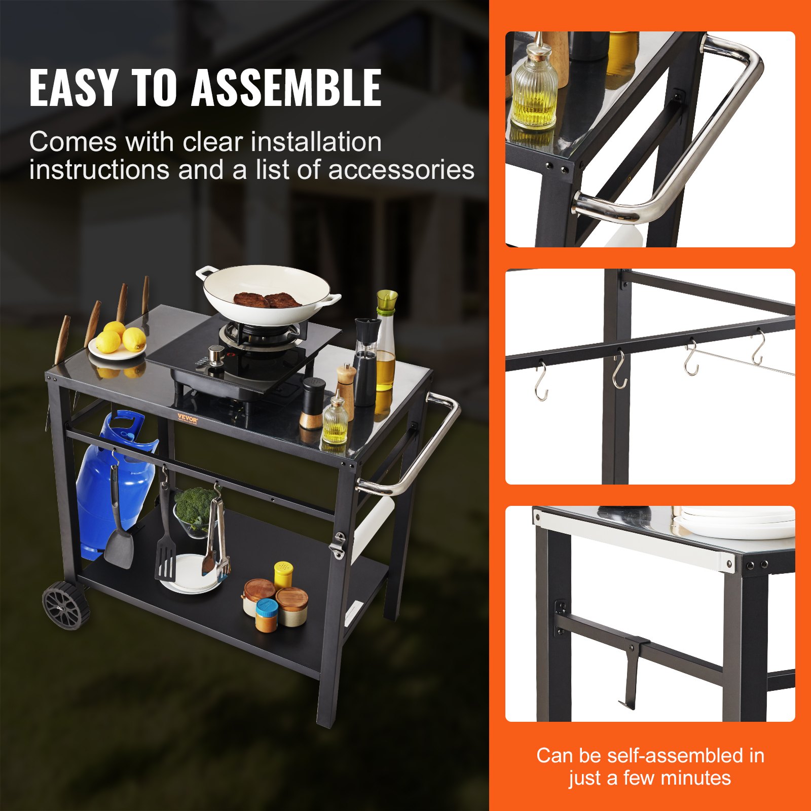 VEVOR outdoor grill cart with hooks, spacious shelves, and easy assembly instructions.