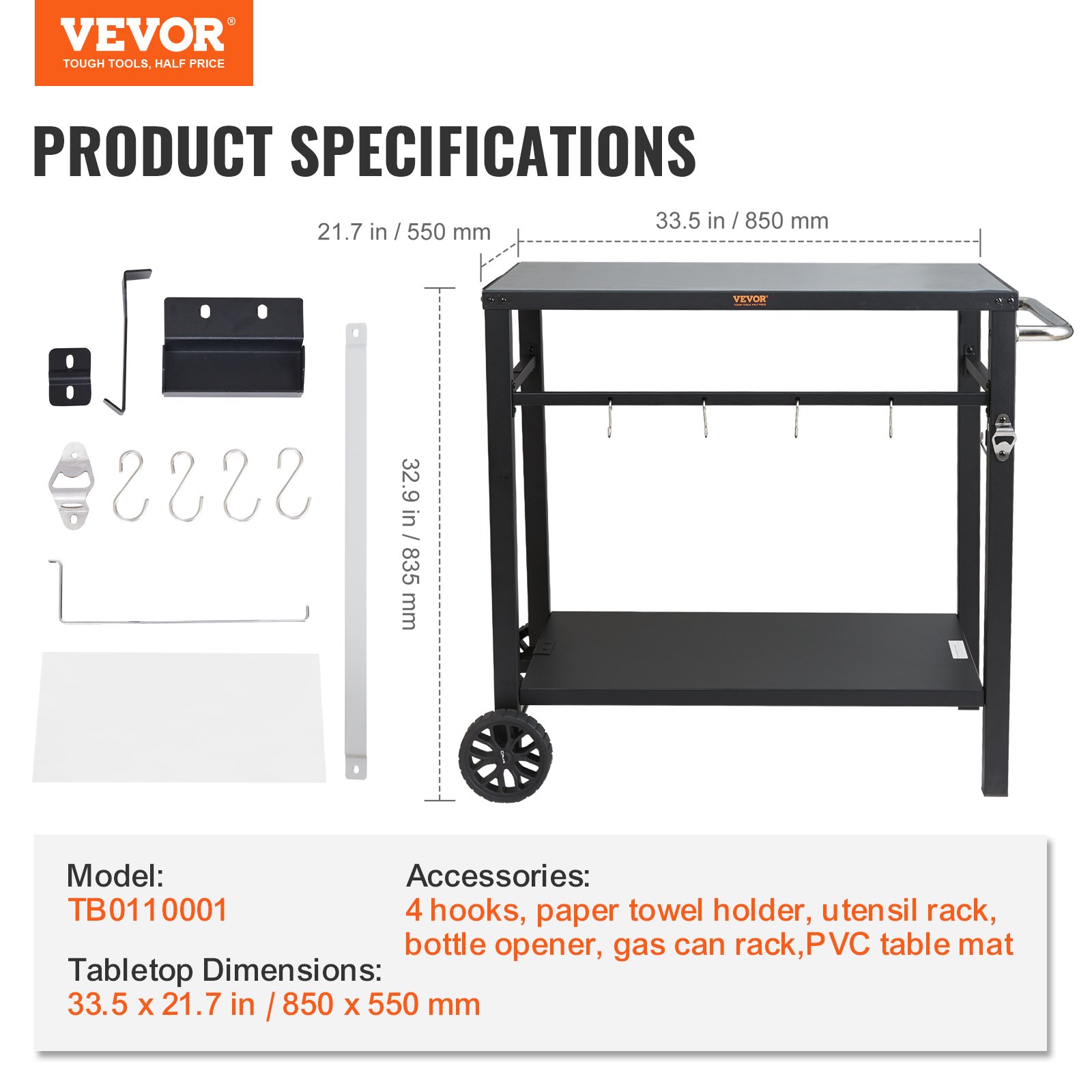 VEVOR outdoor grill cart with hooks, paper towel holder, bottle opener, and utensil rack.
