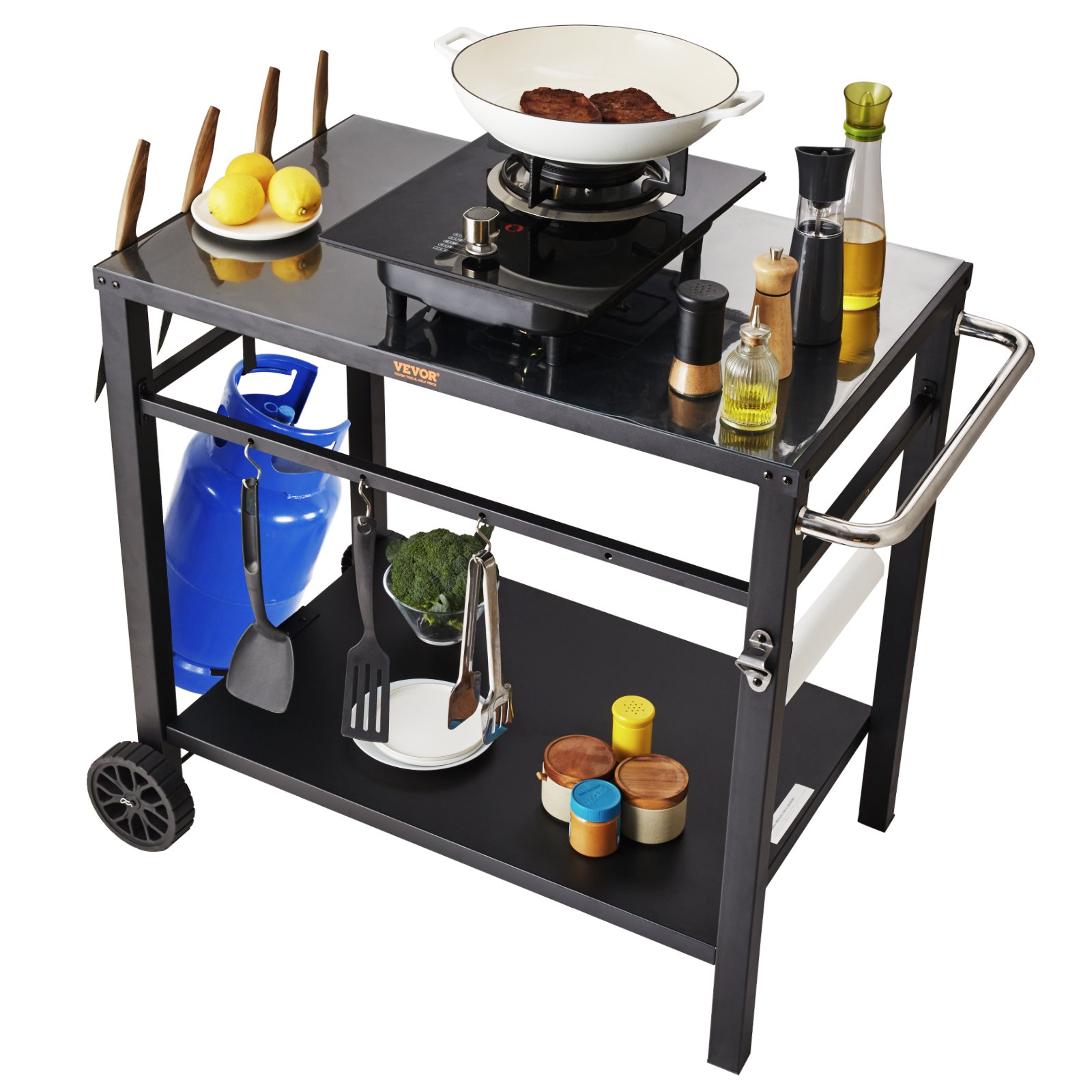VEVOR outdoor grill cart with stove, cooking tools, plates, spices, and produce basket.