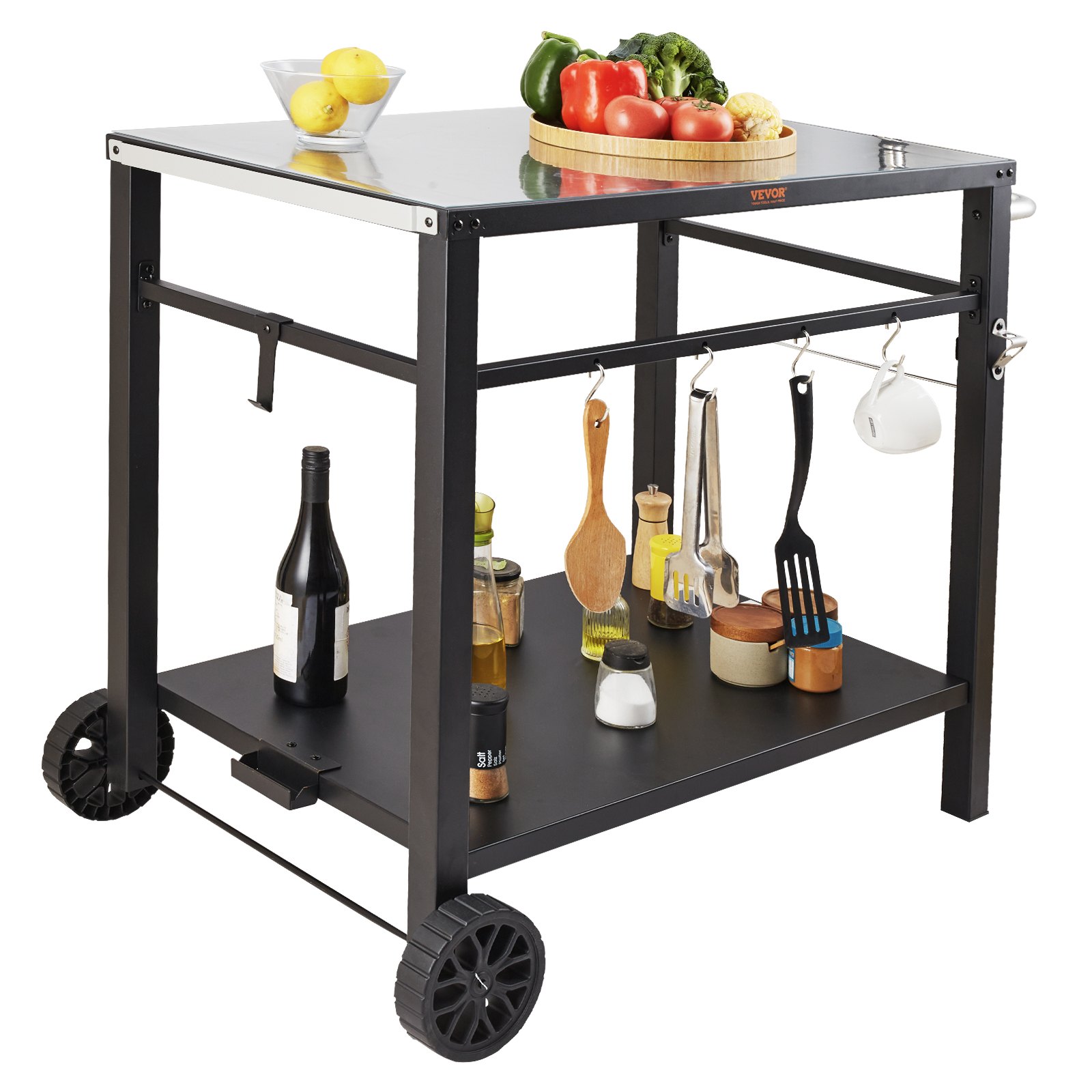 VEVOR outdoor grill cart with utensils, condiments, vegetables, and wine on a modern black wheeled cart.