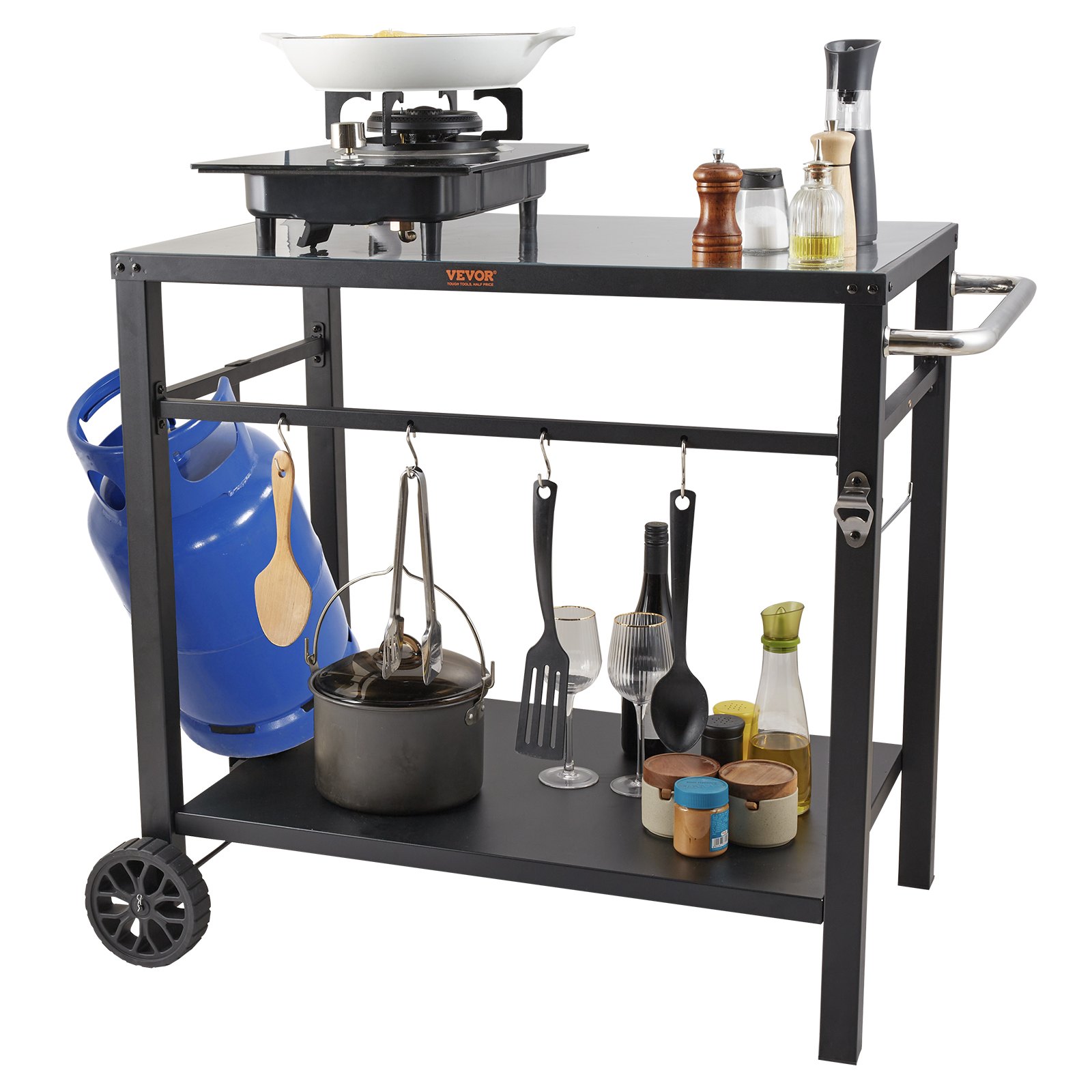 VEVOR outdoor grill cart with stove, utensils, spices, bottles, and a propane tank on wheels.