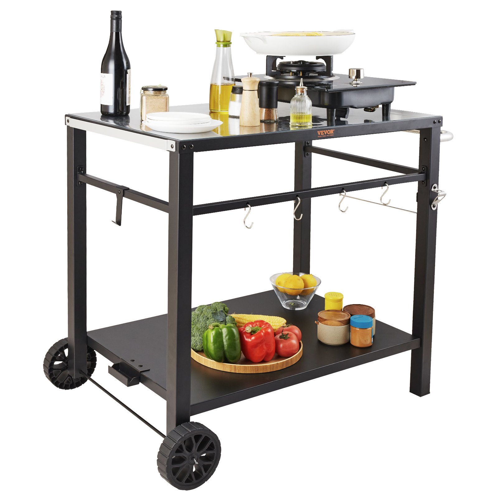 VEVOR outdoor grill cart with food, utensils, spices, bottle of wine, and vegetables on shelves.