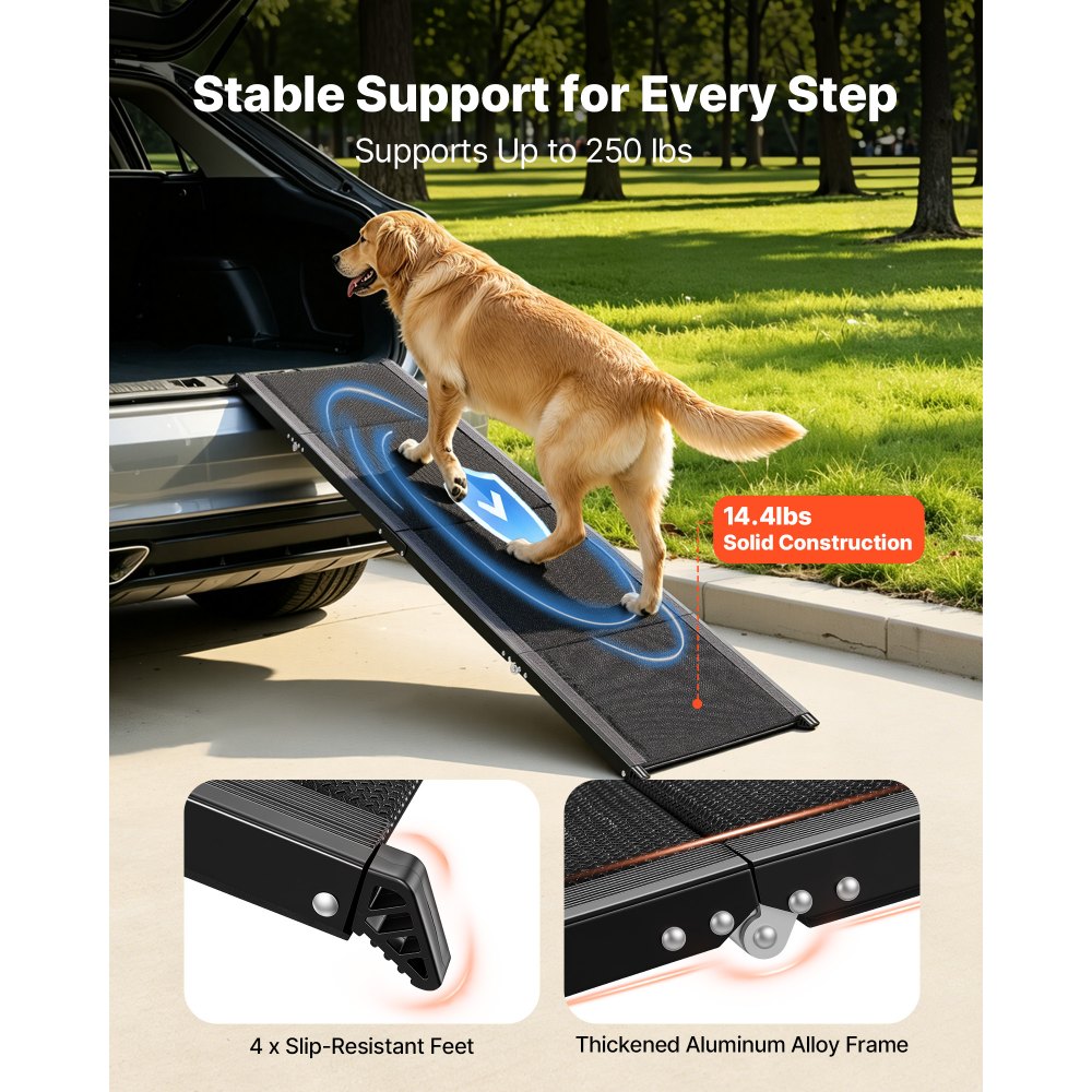 VEVOR Dog Ramp for Cars, 63" L x 17" W, Folding Pet Ramps for Medium & Large Dogs up to 250lbs, Pet Stair Ramp with Non-Slip Oxford Fabric Surface, Portable Outdoor Dog Car Ramps for SUV & Truck