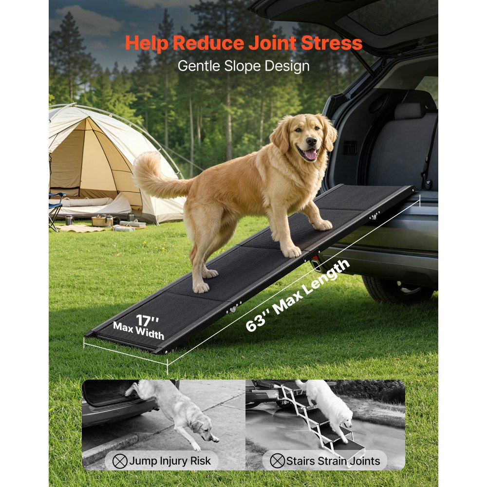 VEVOR Dog Ramp for Cars, 63" L x 17" W, Folding Pet Ramps for Medium & Large Dogs up to 250lbs, Pet Stair Ramp with Non-Slip Oxford Fabric Surface, Portable Outdoor Dog Car Ramps for SUV & Truck
