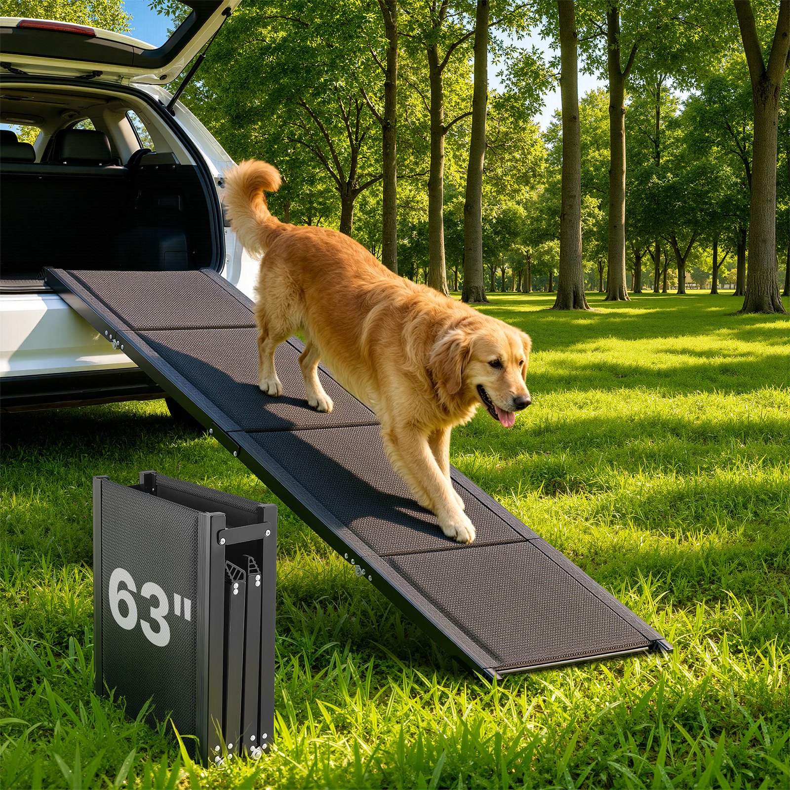 VEVOR Dog Ramp for Cars, 63" L x 17" W, Folding Pet Ramps for Medium & Large Dogs up to 250lbs, Pet Stair Ramp with Non-Slip Oxford Fabric Surface, Portable Outdoor Dog Car Ramps for SUV & Truck