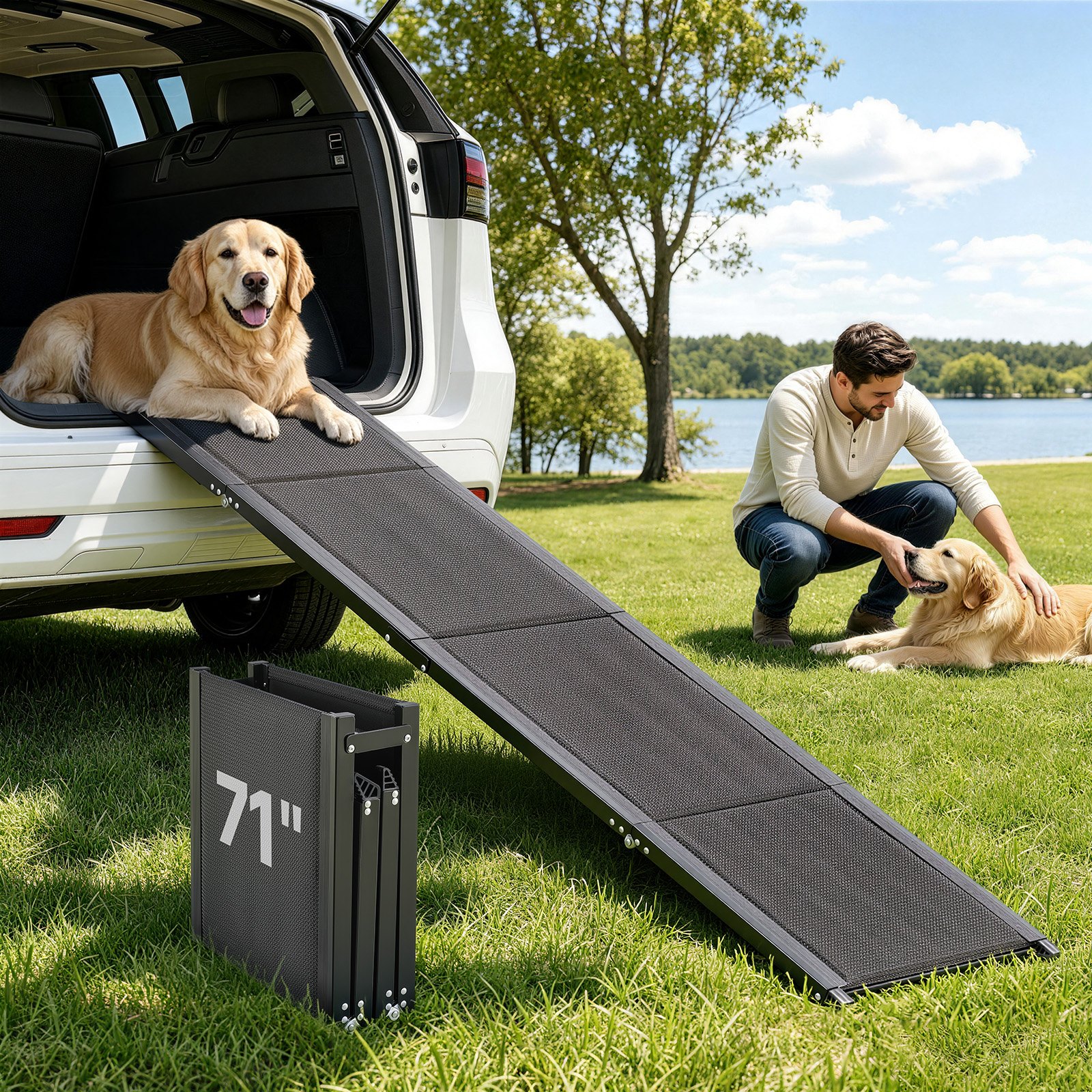 VEVOR Dog Ramp for Cars, 71" L x 17" W, Folding Pet Ramps for Medium & Large Dogs up to 250lbs, Pet Stair Ramp with Non-Slip Oxford Fabric Surface, Portable Outdoor Dog Car Ramps for SUV & Truck