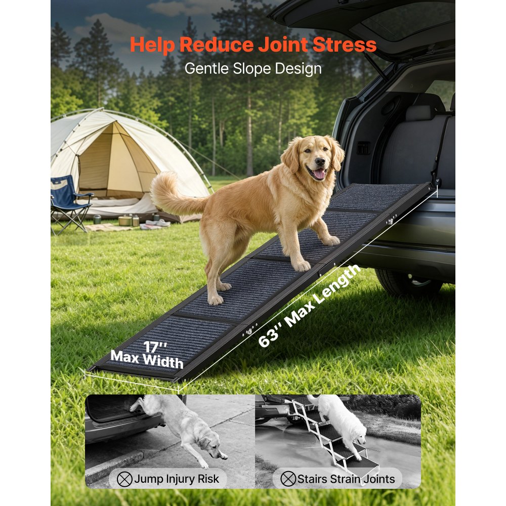 VEVOR Dog Ramp for Cars, 63" L x 17" W, Folding Pet Ramps for Medium & Large Dogs up to 250lbs, Pet Stair Ramp with Non-Slip Felt Rug Surface, Portable Outdoor Dog Car Ramps for SUV & Truck