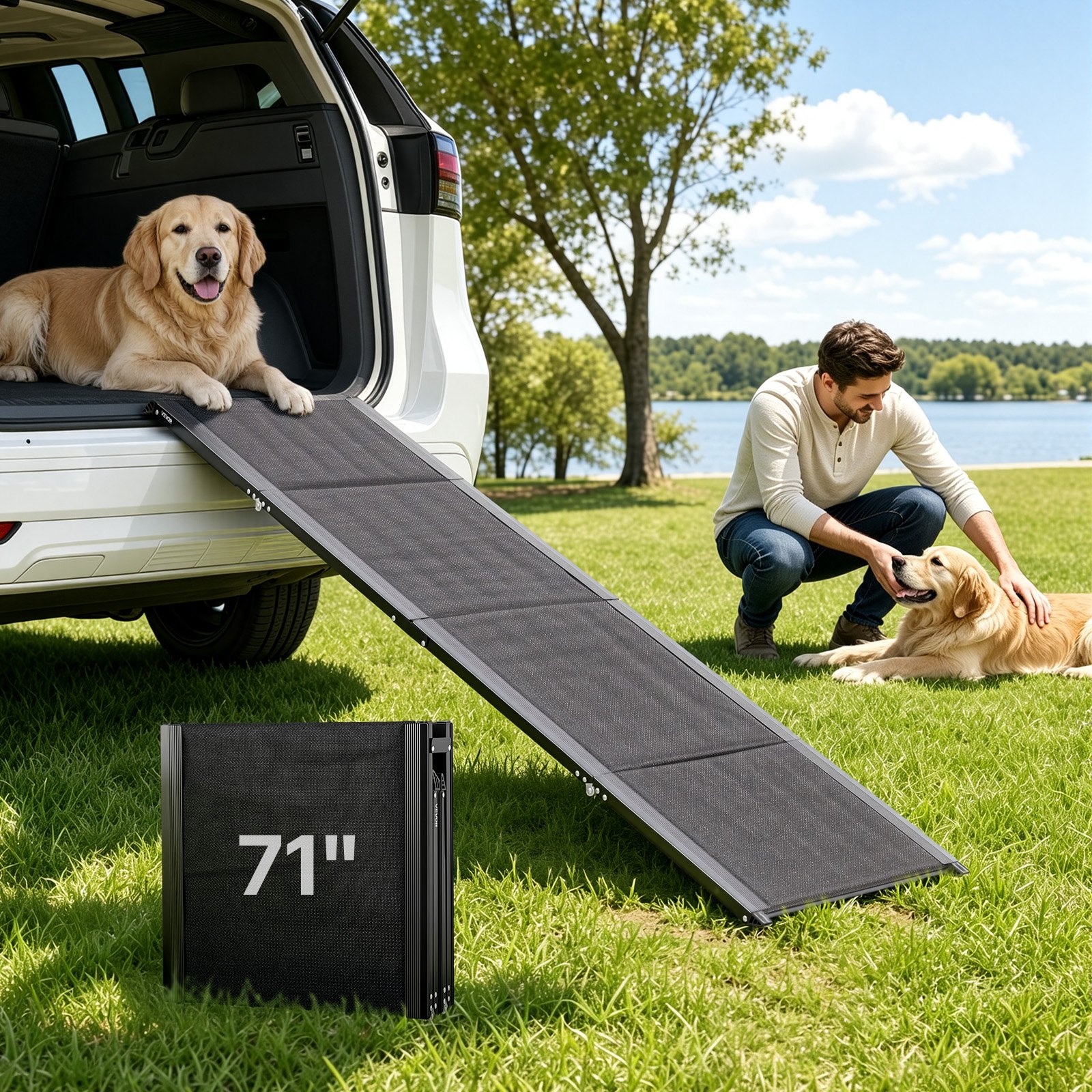 VEVOR Dog Ramp for Cars, 71" L x 20" W, Folding Pet Ramps for Medium & Large Dogs up to 250lbs, Pet Stair Ramp with Non-Slip Oxford Fabric Surface, Portable Outdoor Dog Car Ramps for SUV & Truck