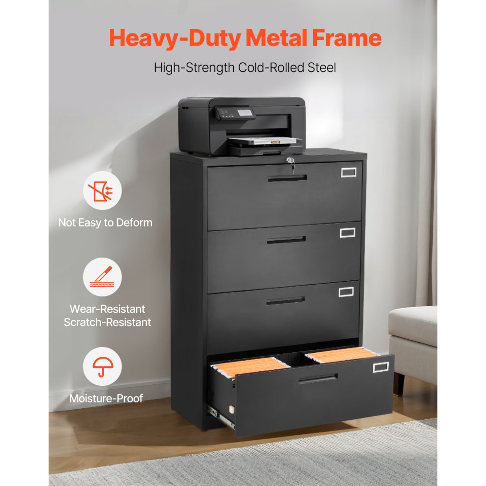 VEVOR 4 Drawers Metal File Cabinet, Vertical Filing Cabinet with Lock and Adjustable Hanging Rod, Tall Filing Storage Cabinets for Home and Office Fit Letter, A4, Legal Size File, Easy Assembly, Black