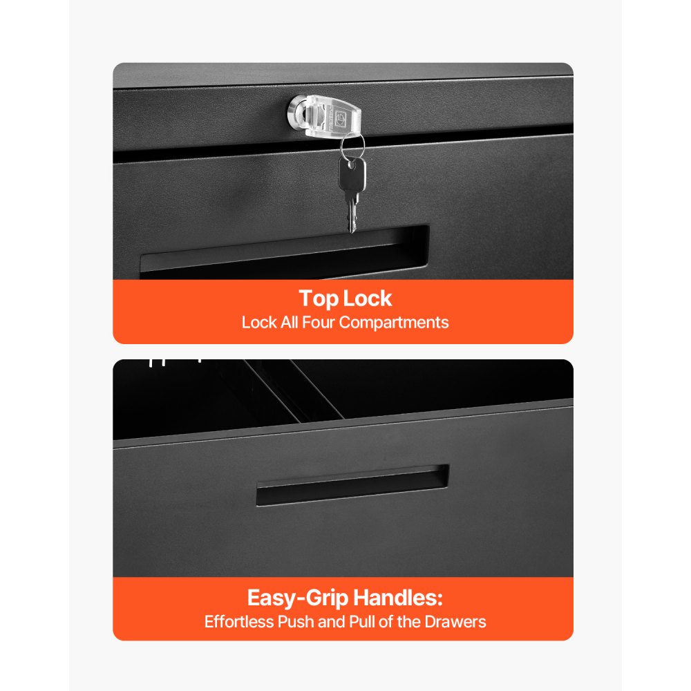 VEVOR 4 Drawers Metal File Cabinet, Vertical Filing Cabinet with Lock and Adjustable Hanging Rod, Tall Filing Storage Cabinets for Home and Office Fit Letter, A4, Legal Size File, Easy Assembly, Black
