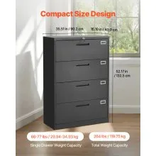 VEVOR 4 Drawers Metal File Cabinet, Vertical Filing Cabinet with Lock and Adjustable Hanging Rod, Tall Filing Storage Cabinets for Home and Office Fit Letter, A4, Legal Size File, Easy Assembly, Black