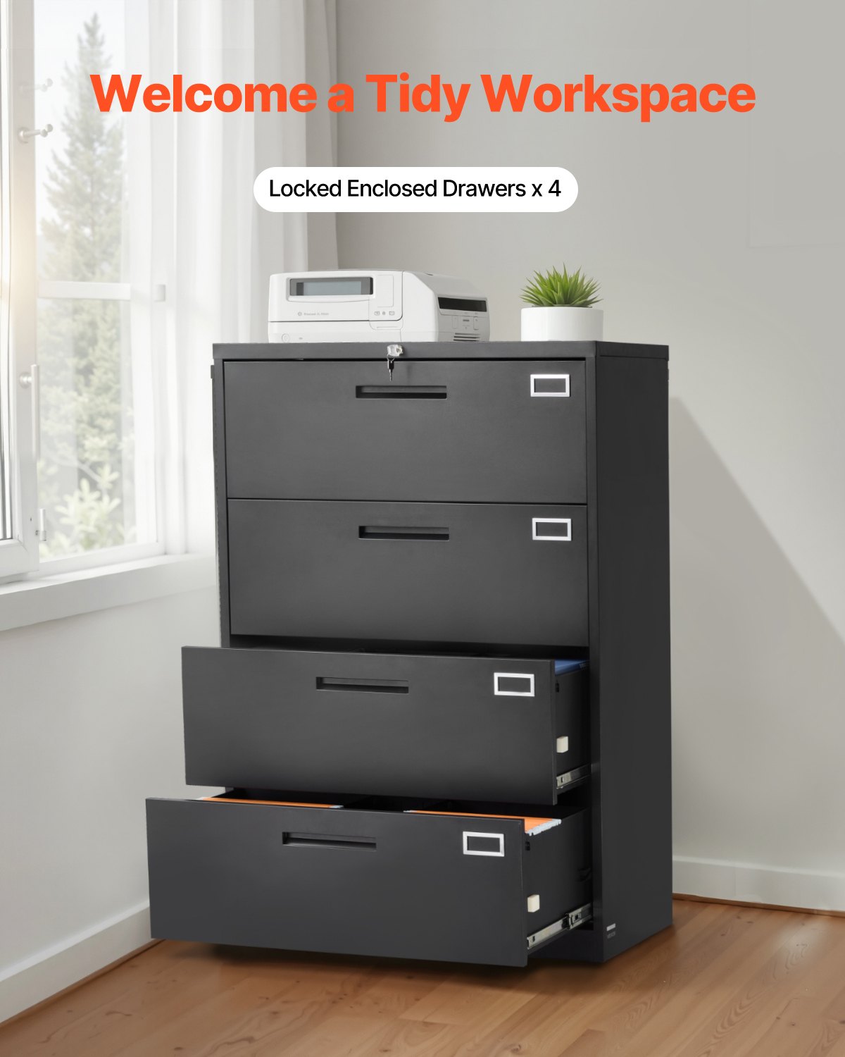 VEVOR 4 Drawers Metal File Cabinet, Vertical Filing Cabinet with Lock and Adjustable Hanging Rod, Tall Filing Storage Cabinets for Home and Office Fit Letter, A4, Legal Size File, Easy Assembly, Black