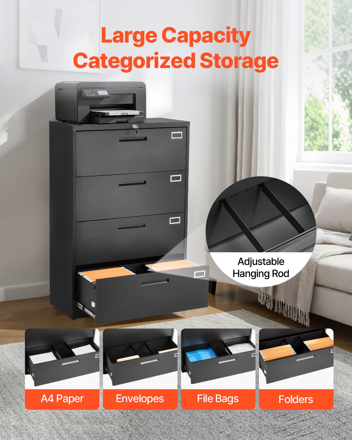VEVOR 4 Drawers Metal File Cabinet, Vertical Filing Cabinet with Lock and Adjustable Hanging Rod, Tall Filing Storage Cabinets for Home and Office Fit Letter, A4, Legal Size File, Easy Assembly, Black