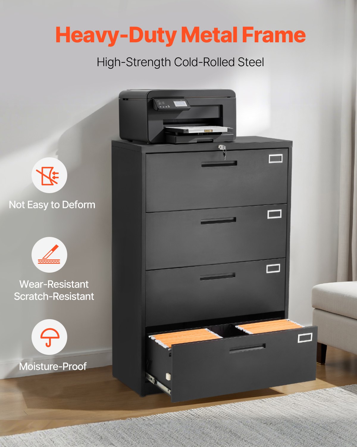 VEVOR 4 Drawers Metal File Cabinet, Vertical Filing Cabinet with Lock and Adjustable Hanging Rod, Tall Filing Storage Cabinets for Home and Office Fit Letter, A4, Legal Size File, Easy Assembly, Black