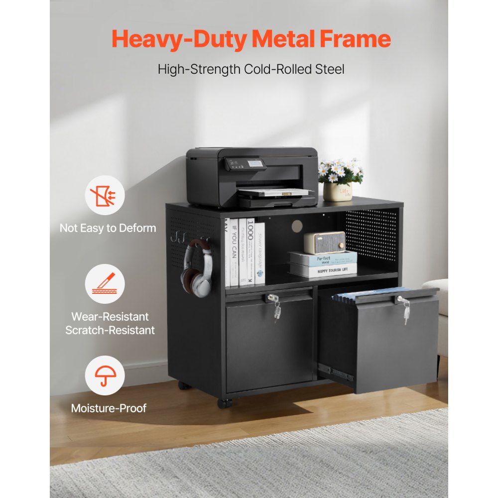 VEVOR 2 Drawers Metal File Cabinet, Lateral Filing Cabinet with Lock and Adjustable Hanging Rods, Wide Filing Storage Cabinets for Home and Office Fit Letter, A4, Legal Size File, Easy Assembly, Black