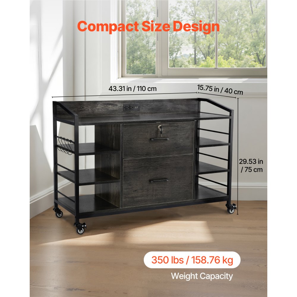 VEVOR 2 Drawers Metal File Cabinet, Lateral Filing Cabinet with Lock and 6 Open Shelves, Wooden Wide Filing Storage Cabinets with Power Strip for Letter, A4, Legal Size File, Easy Assembly, Gray