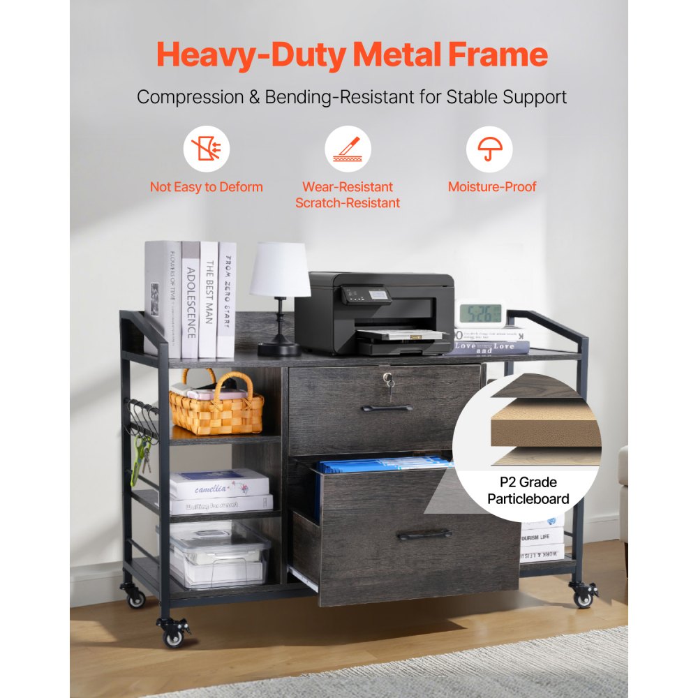 VEVOR 2 Drawers Metal File Cabinet, Lateral Filing Cabinet with Lock and 6 Open Shelves, Wooden Wide Filing Storage Cabinets with Power Strip for Letter, A4, Legal Size File, Easy Assembly, Gray