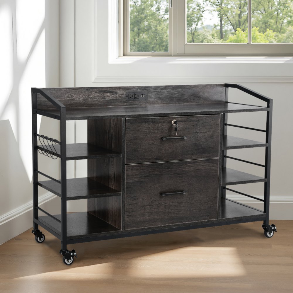VEVOR 2 Drawers Metal File Cabinet, Lateral Filing Cabinet with Lock and 6 Open Shelves, Wooden Wide Filing Storage Cabinets with Power Strip for Letter, A4, Legal Size File, Easy Assembly, Gray