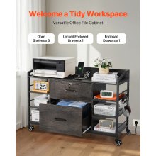 2 Drawers Metal File Cabinet with 6 Open Shelves and Power Strip Gray