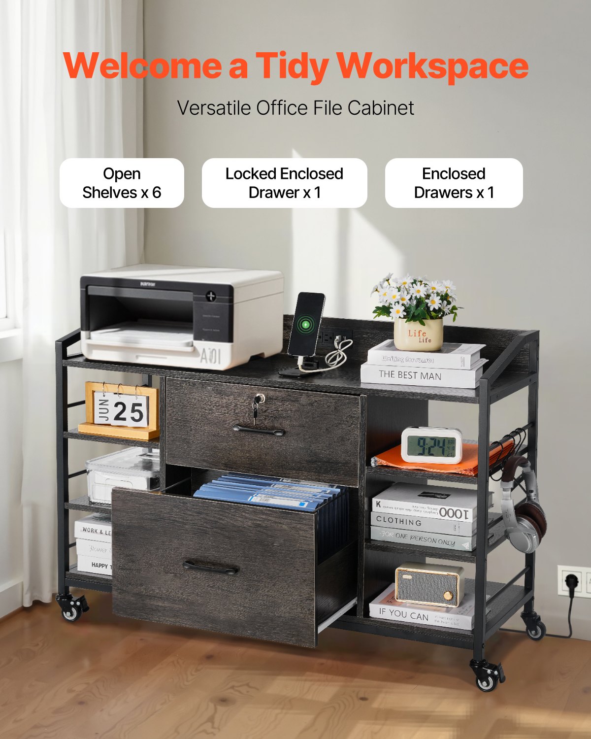 VEVOR 2 Drawers Metal File Cabinet, Lateral Filing Cabinet with Lock and 6 Open Shelves, Wooden Wide Filing Storage Cabinets with Power Strip for Letter, A4, Legal Size File, Easy Assembly, Gray