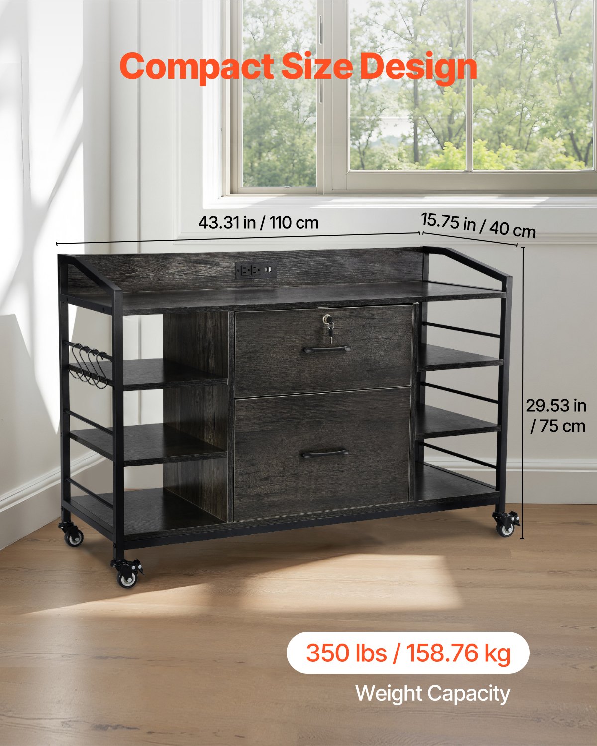 VEVOR 2 Drawers Metal File Cabinet, Lateral Filing Cabinet with Lock and 6 Open Shelves, Wooden Wide Filing Storage Cabinets with Power Strip for Letter, A4, Legal Size File, Easy Assembly, Gray