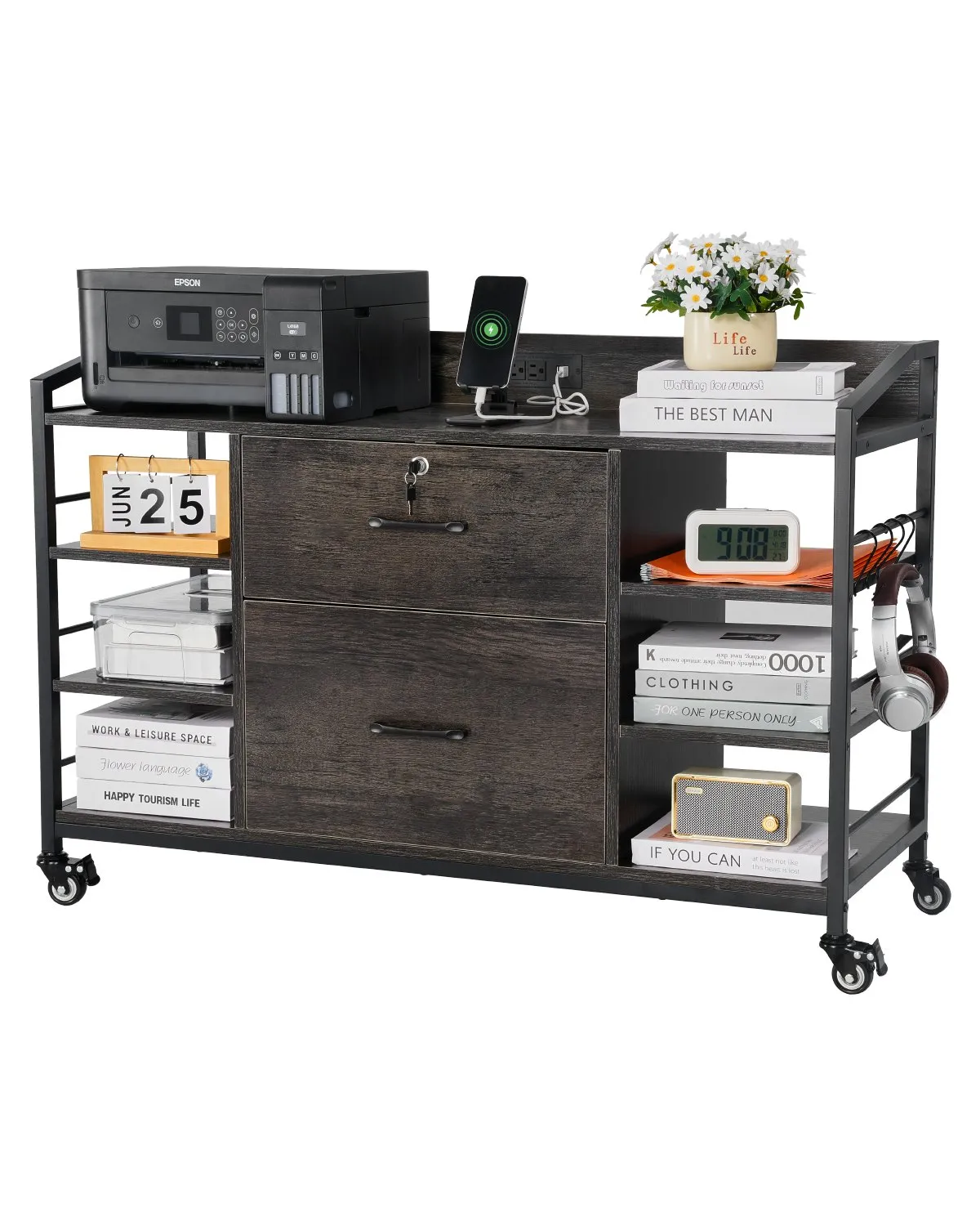 VEVOR 2 Drawers Metal File Cabinet, Lateral Filing Cabinet with Lock and 6 Open Shelves, Wooden Wide Filing Storage Cabinets with Power Strip for Letter, A4, Legal Size File, Easy Assembly, Gray