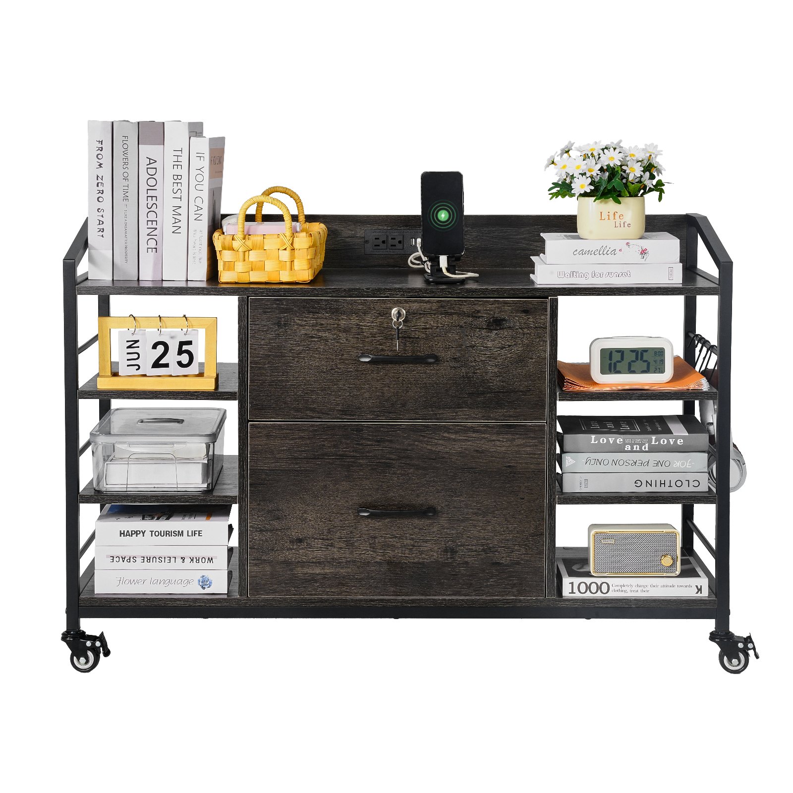 VEVOR 2 Drawers Metal File Cabinet, Lateral Filing Cabinet with Lock and 6 Open Shelves, Wooden Wide Filing Storage Cabinets with Power Strip for Letter, A4, Legal Size File, Easy Assembly, Gray