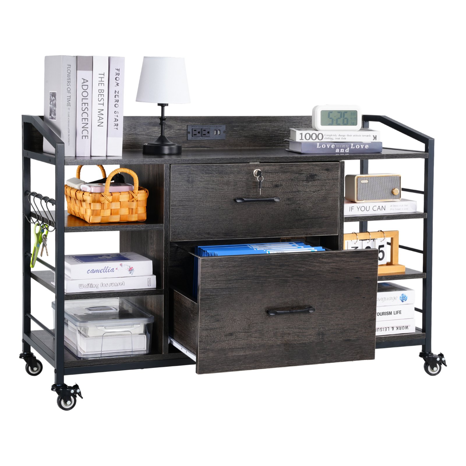 VEVOR 2 Drawers Metal File Cabinet, Lateral Filing Cabinet with Lock and 6 Open Shelves, Wooden Wide Filing Storage Cabinets with Power Strip for Letter, A4, Legal Size File, Easy Assembly, Gray