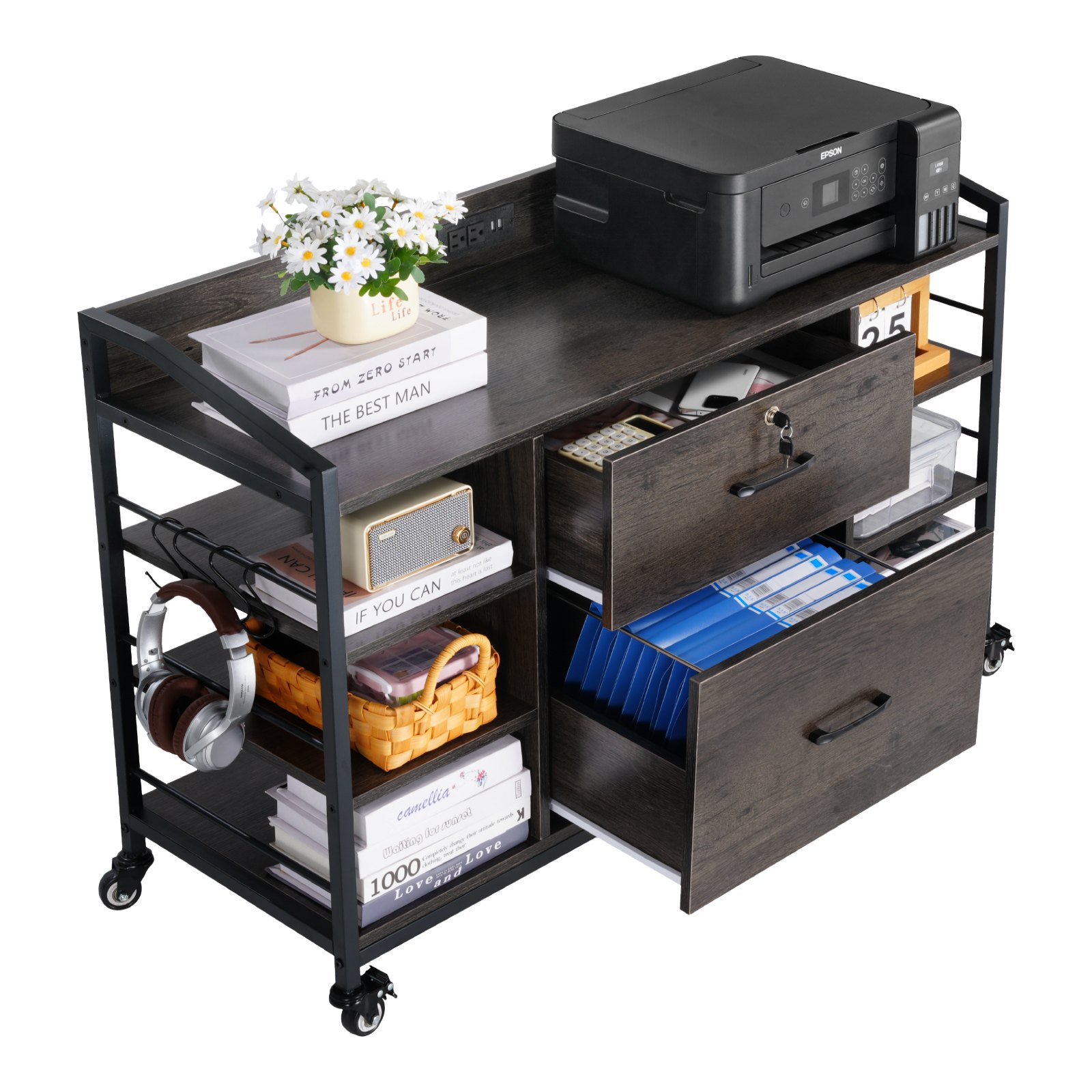 VEVOR 2 Drawers Metal File Cabinet, Lateral Filing Cabinet with Lock and 6 Open Shelves, Wooden Wide Filing Storage Cabinets with Power Strip for Letter, A4, Legal Size File, Easy Assembly, Gray