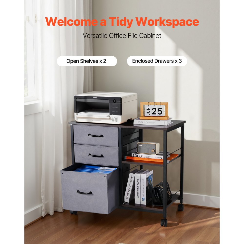 VEVOR metalarkivskab, mobilt arkivskab med 3 stofskuffer og 2 åbne hylder, lodrette træarkivskabe med hjul til Letter-, A4- og Legal-formater, nem montering, brun