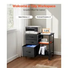 Mobile Metal File Cabinet with 3 Fabric Drawers and 2 Open Shelves Black