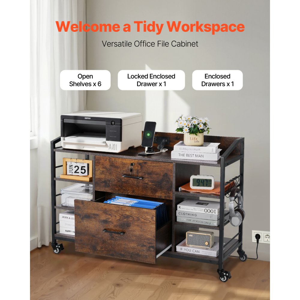 VEVOR 2 Drawers Metal File Cabinet, Lateral Filing Cabinet with Lock and 6 Open Shelves, Wooden Wide Filing Storage Cabinets with Power Strip for Letter, A4, Legal Size File, Easy Assembly, Brown