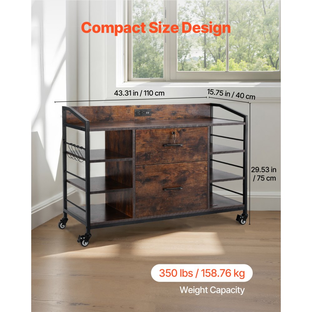 VEVOR 2 Drawers Metal File Cabinet, Lateral Filing Cabinet with Lock and 6 Open Shelves, Wooden Wide Filing Storage Cabinets with Power Strip for Letter, A4, Legal Size File, Easy Assembly, Brown