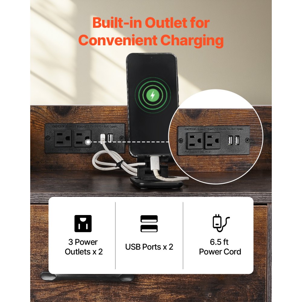 VEVOR 2 Drawers Metal File Cabinet, Lateral Filing Cabinet with Lock and 6 Open Shelves, Wooden Wide Filing Storage Cabinets with Power Strip for Letter, A4, Legal Size File, Easy Assembly, Brown