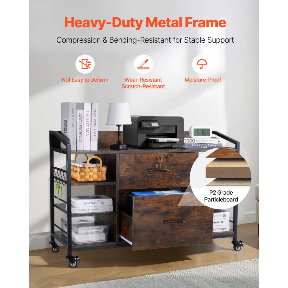 VEVOR 2 Drawers Metal File Cabinet, Lateral Filing Cabinet with Lock and 6 Open Shelves, Wooden Wide Filing Storage Cabinets with Power Strip for Letter, A4, Legal Size File, Easy Assembly, Brown