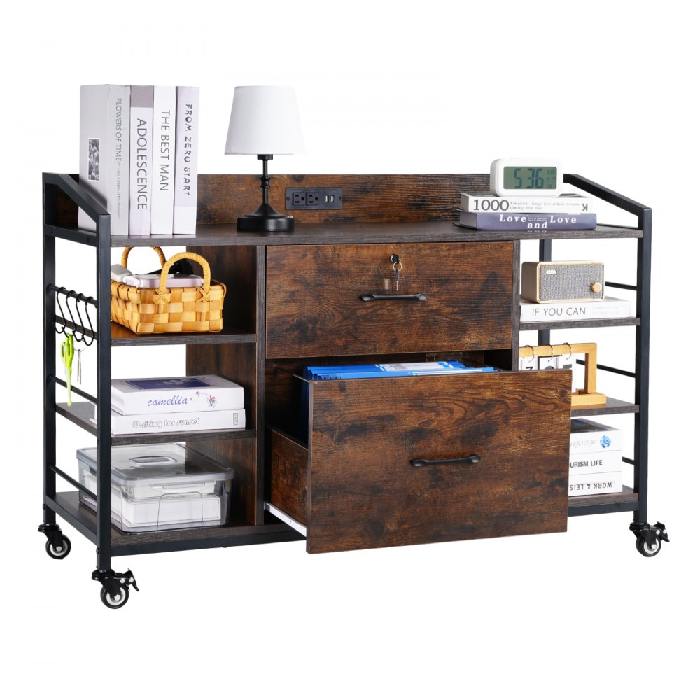 VEVOR 2 Drawers Metal File Cabinet, Lateral Filing Cabinet with Lock and 6 Open Shelves, Wooden Wide Filing Storage Cabinets with Power Strip for Letter, A4, Legal Size File, Easy Assembly, Brown