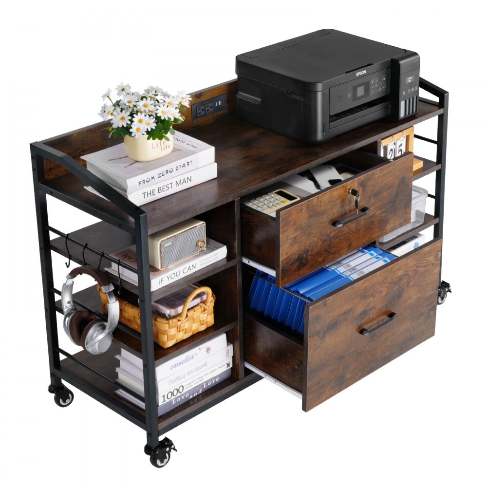 VEVOR 2 Drawers Metal File Cabinet, Lateral Filing Cabinet with Lock and 6 Open Shelves, Wooden Wide Filing Storage Cabinets with Power Strip for Letter, A4, Legal Size File, Easy Assembly, Brown