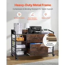 2 Drawers Metal File Cabinet with 6 Open Shelves and Power Strip Brown