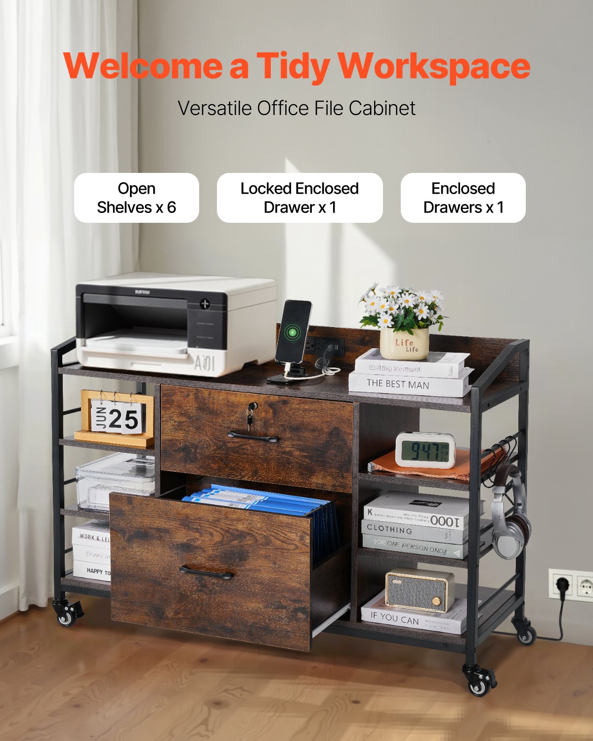 VEVOR 2 Drawers Metal File Cabinet, Lateral Filing Cabinet with Lock and 6 Open Shelves, Wooden Wide Filing Storage Cabinets with Power Strip for Letter, A4, Legal Size File, Easy Assembly, Brown