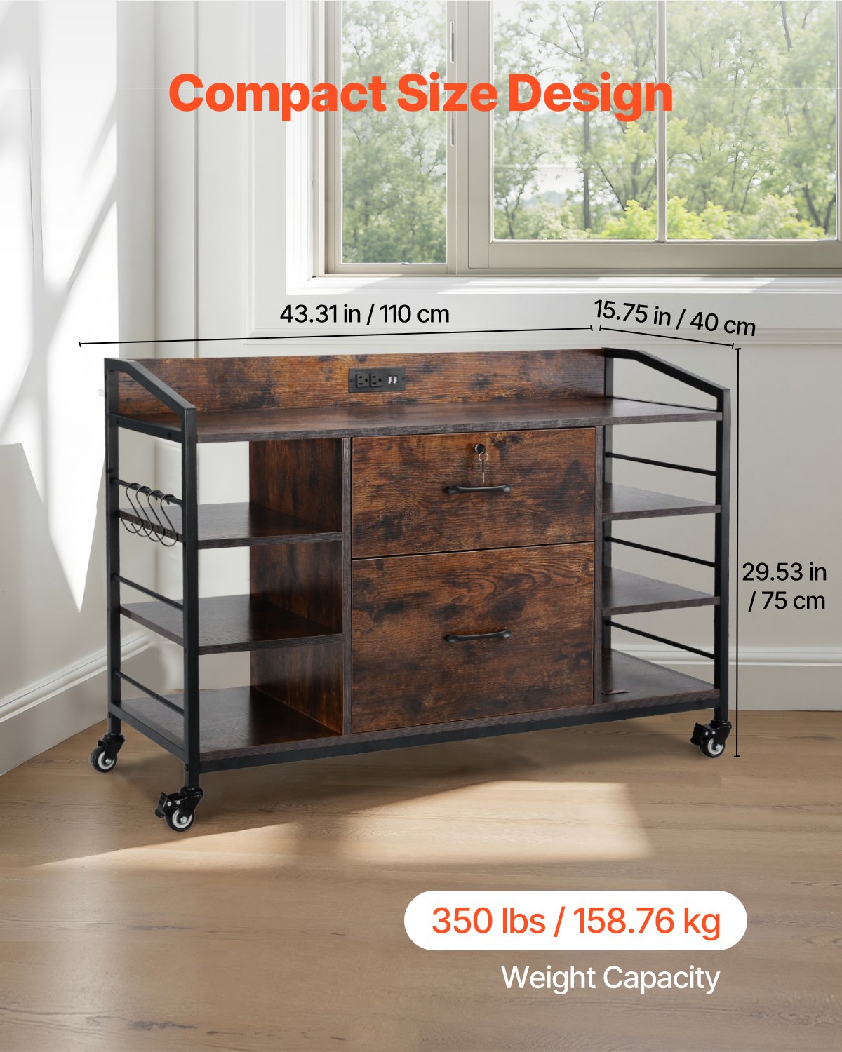 VEVOR 2 Drawers Metal File Cabinet, Lateral Filing Cabinet with Lock and 6 Open Shelves, Wooden Wide Filing Storage Cabinets with Power Strip for Letter, A4, Legal Size File, Easy Assembly, Brown