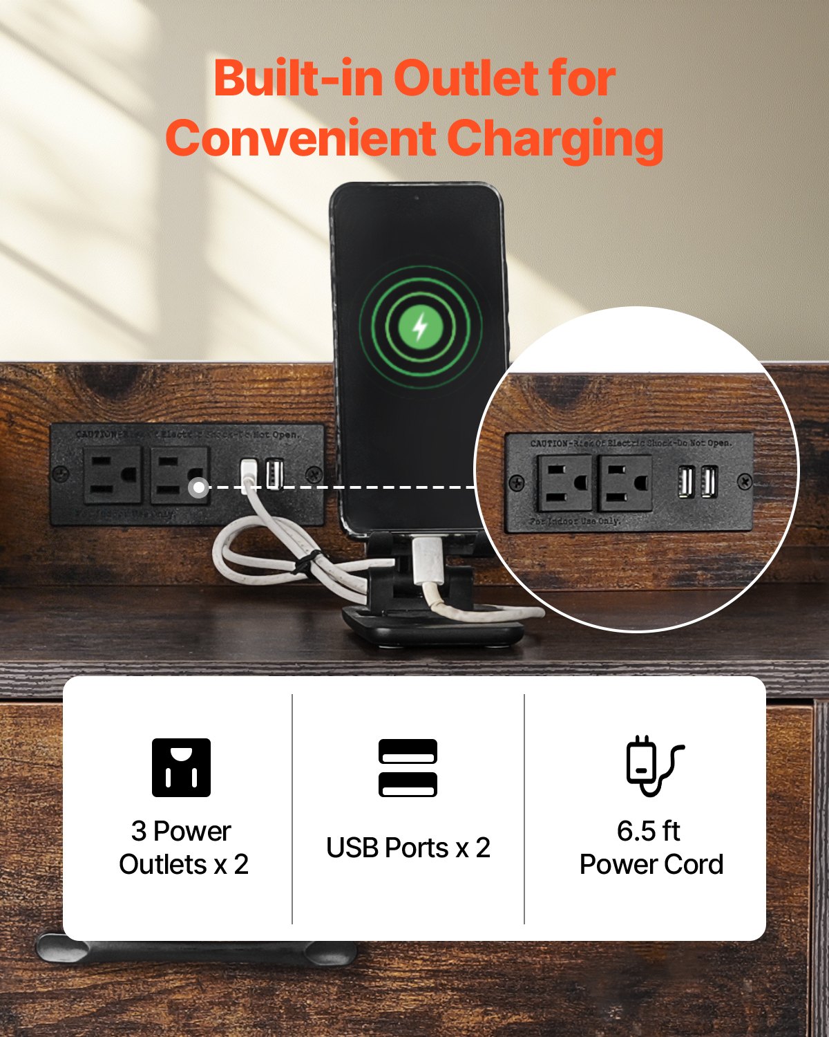 VEVOR 2 Drawers Metal File Cabinet, Lateral Filing Cabinet with Lock and 6 Open Shelves, Wooden Wide Filing Storage Cabinets with Power Strip for Letter, A4, Legal Size File, Easy Assembly, Brown