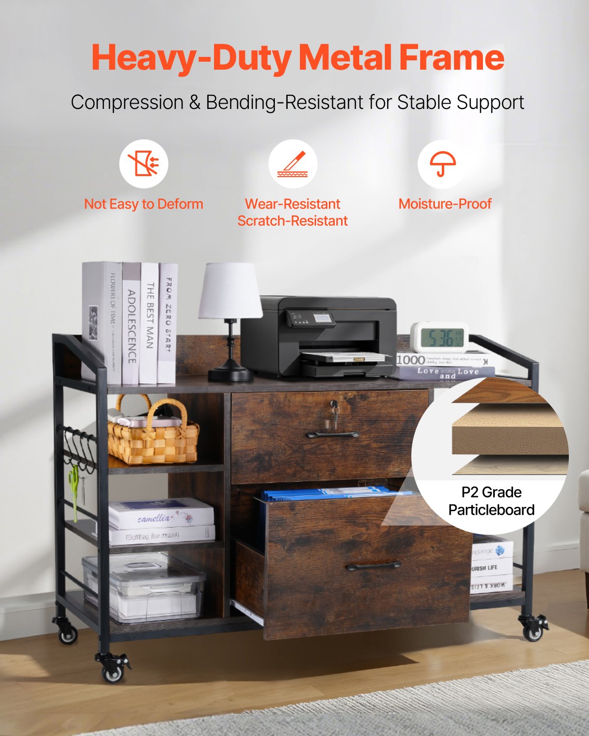 VEVOR 2 Drawers Metal File Cabinet, Lateral Filing Cabinet with Lock and 6 Open Shelves, Wooden Wide Filing Storage Cabinets with Power Strip for Letter, A4, Legal Size File, Easy Assembly, Brown