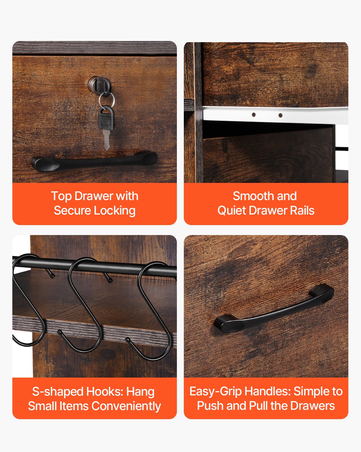 VEVOR 2 Drawers Metal File Cabinet, Lateral Filing Cabinet with Lock and 6 Open Shelves, Wooden Wide Filing Storage Cabinets with Power Strip for Letter, A4, Legal Size File, Easy Assembly, Brown