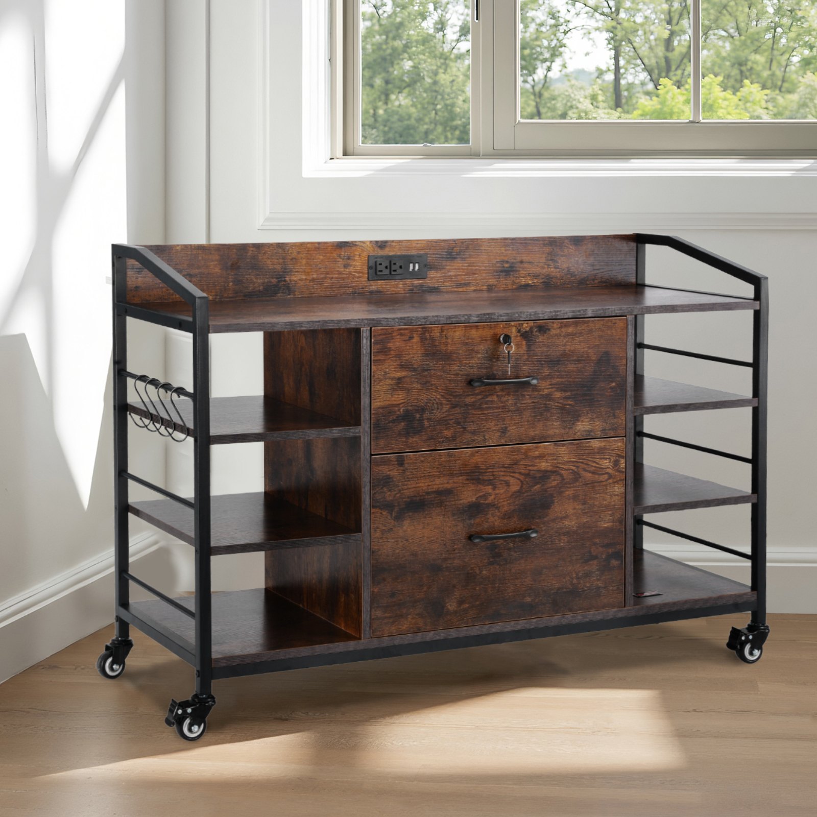 VEVOR 2 Drawers Metal File Cabinet, Lateral Filing Cabinet with Lock and 6 Open Shelves, Wooden Wide Filing Storage Cabinets with Power Strip for Letter, A4, Legal Size File, Easy Assembly, Brown