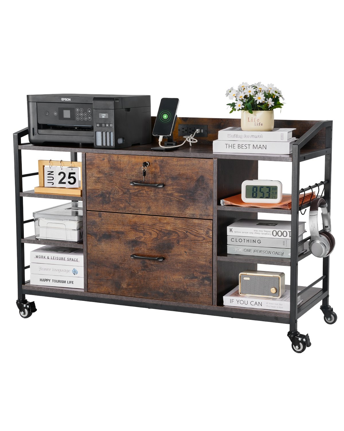 VEVOR 2 Drawers Metal File Cabinet, Lateral Filing Cabinet with Lock and 6 Open Shelves, Wooden Wide Filing Storage Cabinets with Power Strip for Letter, A4, Legal Size File, Easy Assembly, Brown