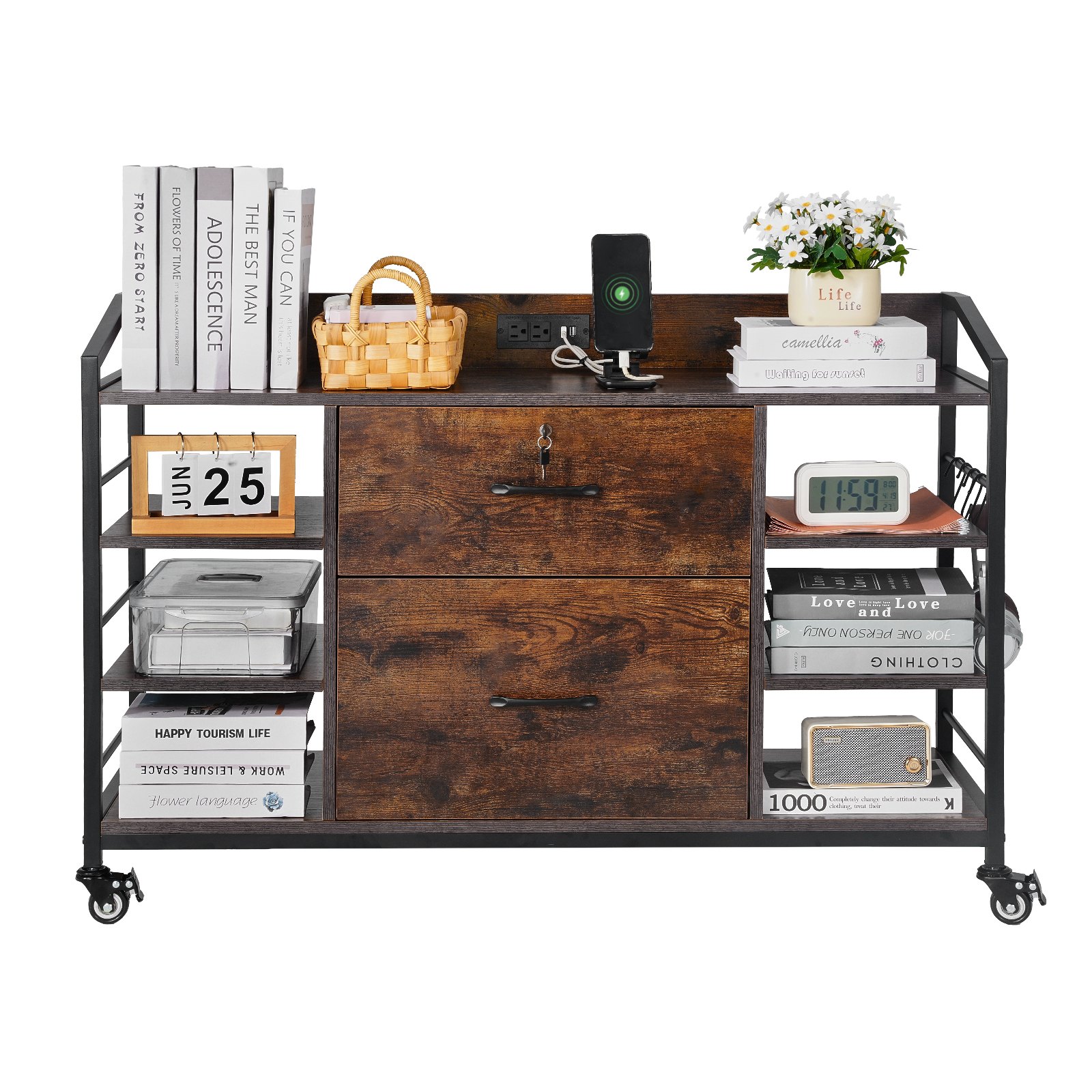 VEVOR 2 Drawers Metal File Cabinet, Lateral Filing Cabinet with Lock and 6 Open Shelves, Wooden Wide Filing Storage Cabinets with Power Strip for Letter, A4, Legal Size File, Easy Assembly, Brown